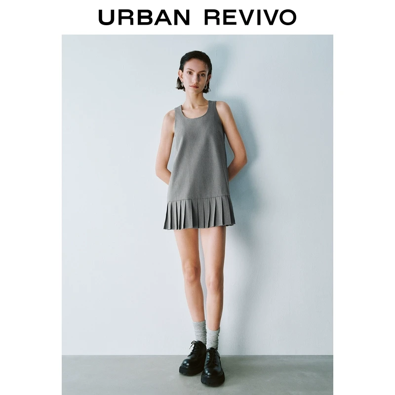 UR2025春季新款女装欧若风气质格雷系无袖百褶连衣裙UYY750005