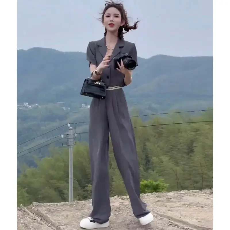 黑色夏季新款短款西服上衣高腰半身裙两件套小个子女士优雅气质