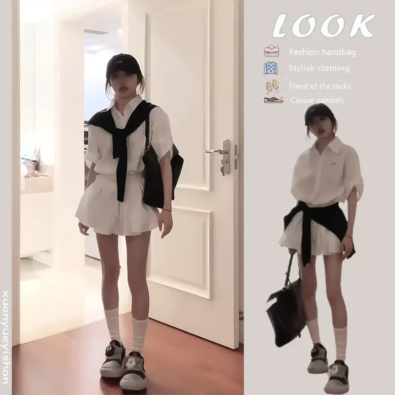 2025初夏又酷又飒的穿搭套装学院风小个子披肩衬衫收腰蓬蓬短裙子