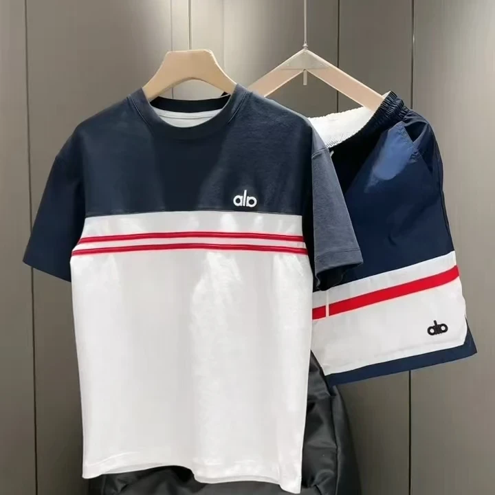 时尚潮流夏季新款青年洋气潮牌宽松拼色字母速干短袖T恤短裤套装