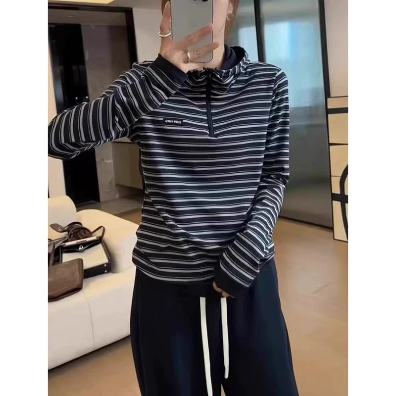 欧货半拉链卫衣女2025春秋新款高级感撞色条纹连帽长袖打底衫上衣