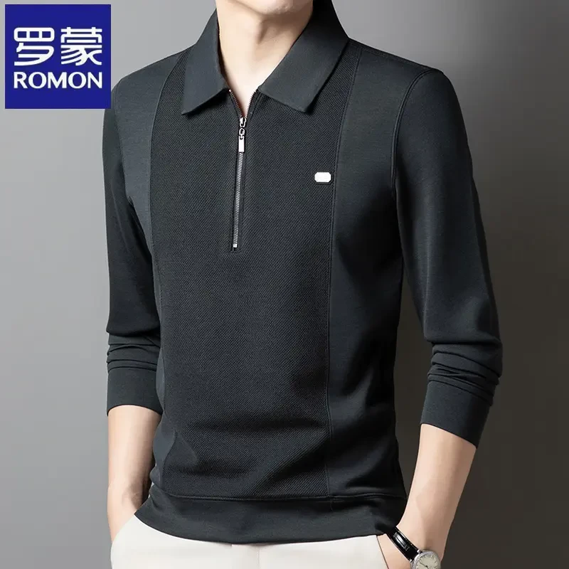 罗蒙时尚拼接拉链翻领长袖T恤衫春秋季商务百搭中年纯色Polo衫潮