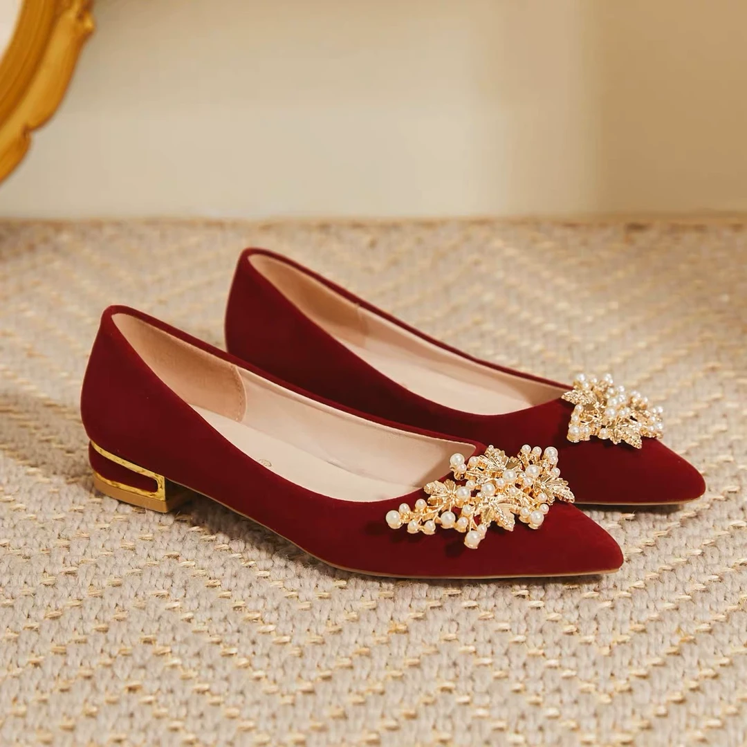 花婉红色婚鞋平底不累脚粗跟高跟鞋秀禾鞋高级感订婚鞋中式新娘鞋