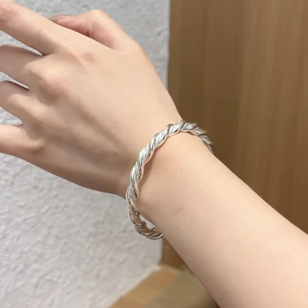 足银手镯复古手工麻花纯银手镯999绞丝编织开口银镯子情人节礼物