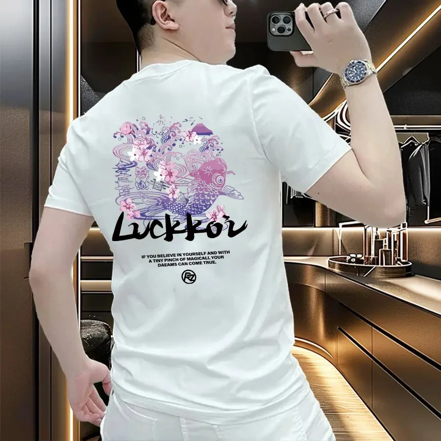 美式痞帅重磅纯棉短袖-桃花锦鲤 宽松百搭圆领上衣休闲半袖inst恤