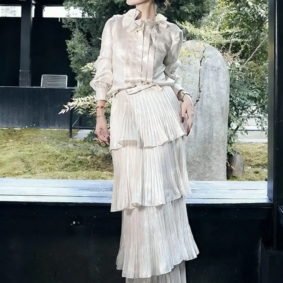 SHETELLS鎏光感重工百搭衫荷叶边半身裙女性秋冬温柔高知穿搭