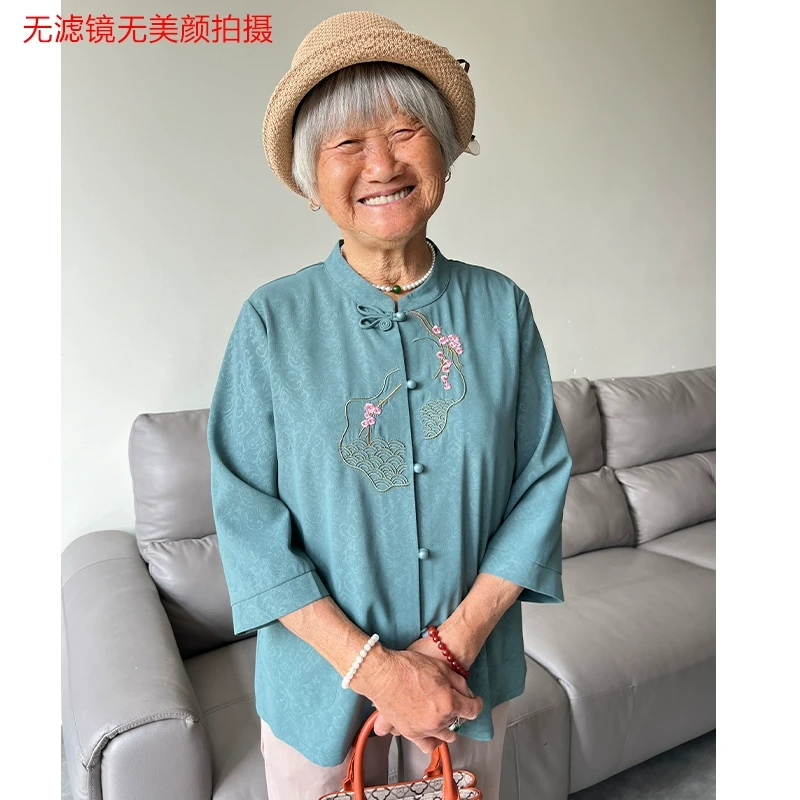中老年夏装女衬衫新中式国风奶奶装新款2025盘扣七分袖妈妈装上衣