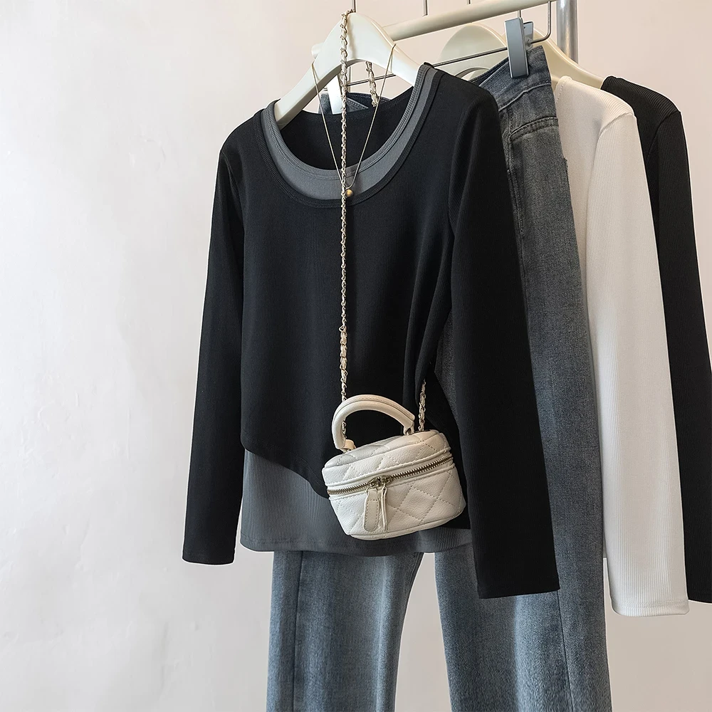yoewshean/羽媗微胖妹妹春季打底衫女内搭洋气撞色上衣长袖t恤
