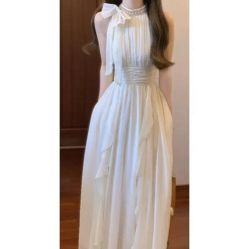 【长岛香氛】法式温柔优雅气质荷叶边挂脖连衣裙蝴蝶结收腰长裙9453