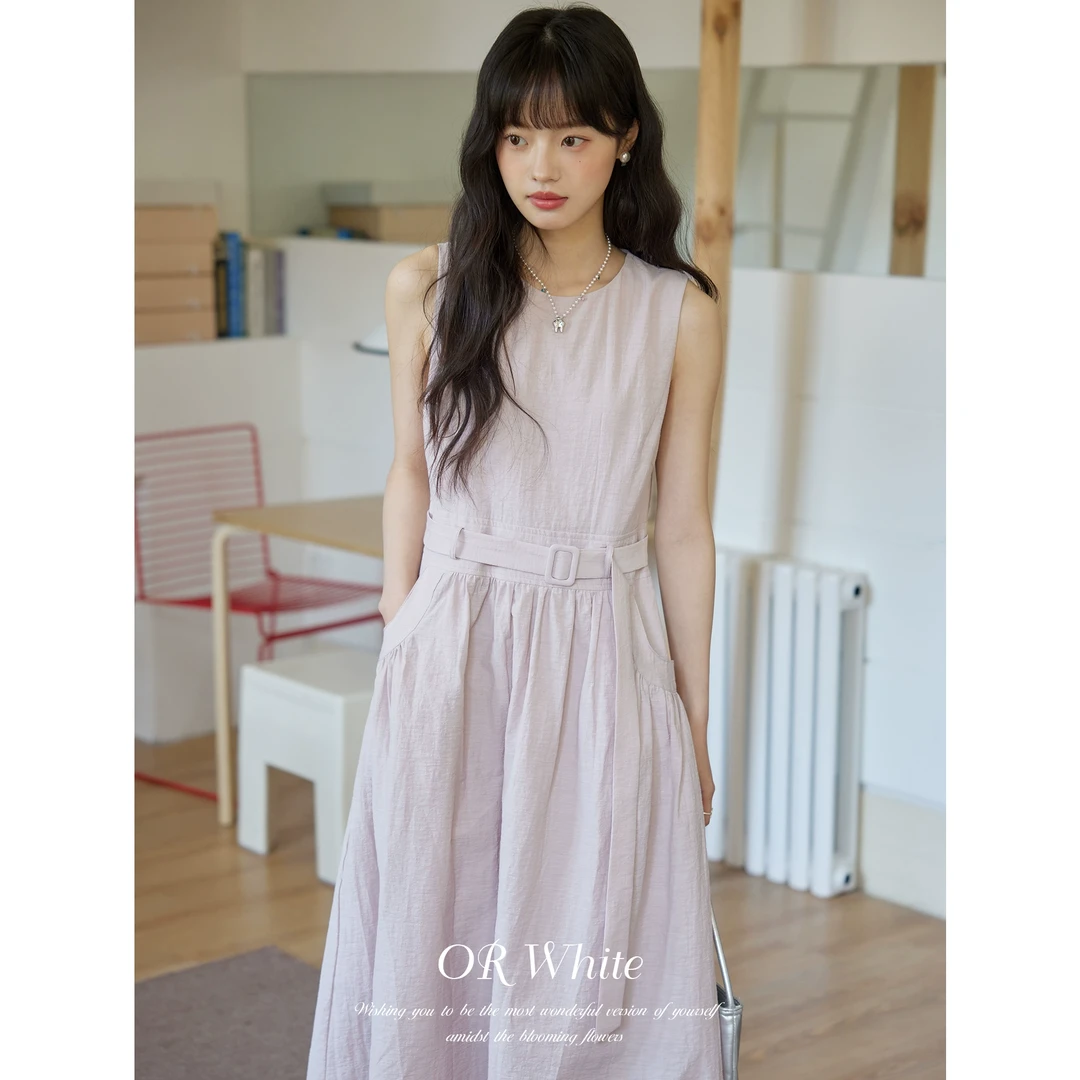 ORWhite 2025夏季法式收腰连衣裙女系带A字裙摆少女感吊带背心裙