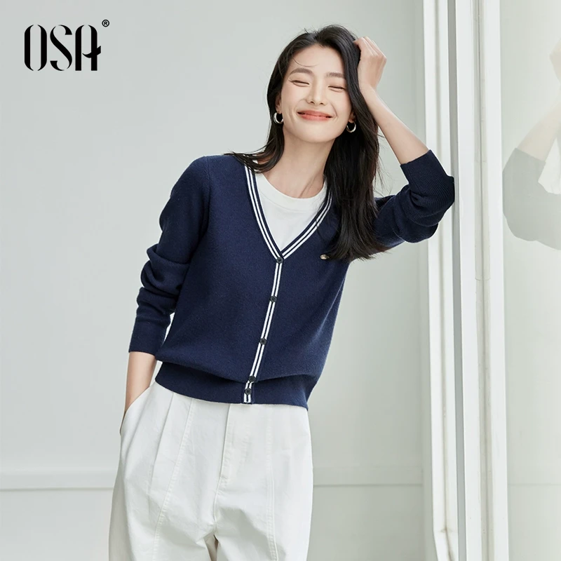 OSA/欧莎 藏蓝色假两件软糯针织衫女薄撞色宽松上衣S125A16030