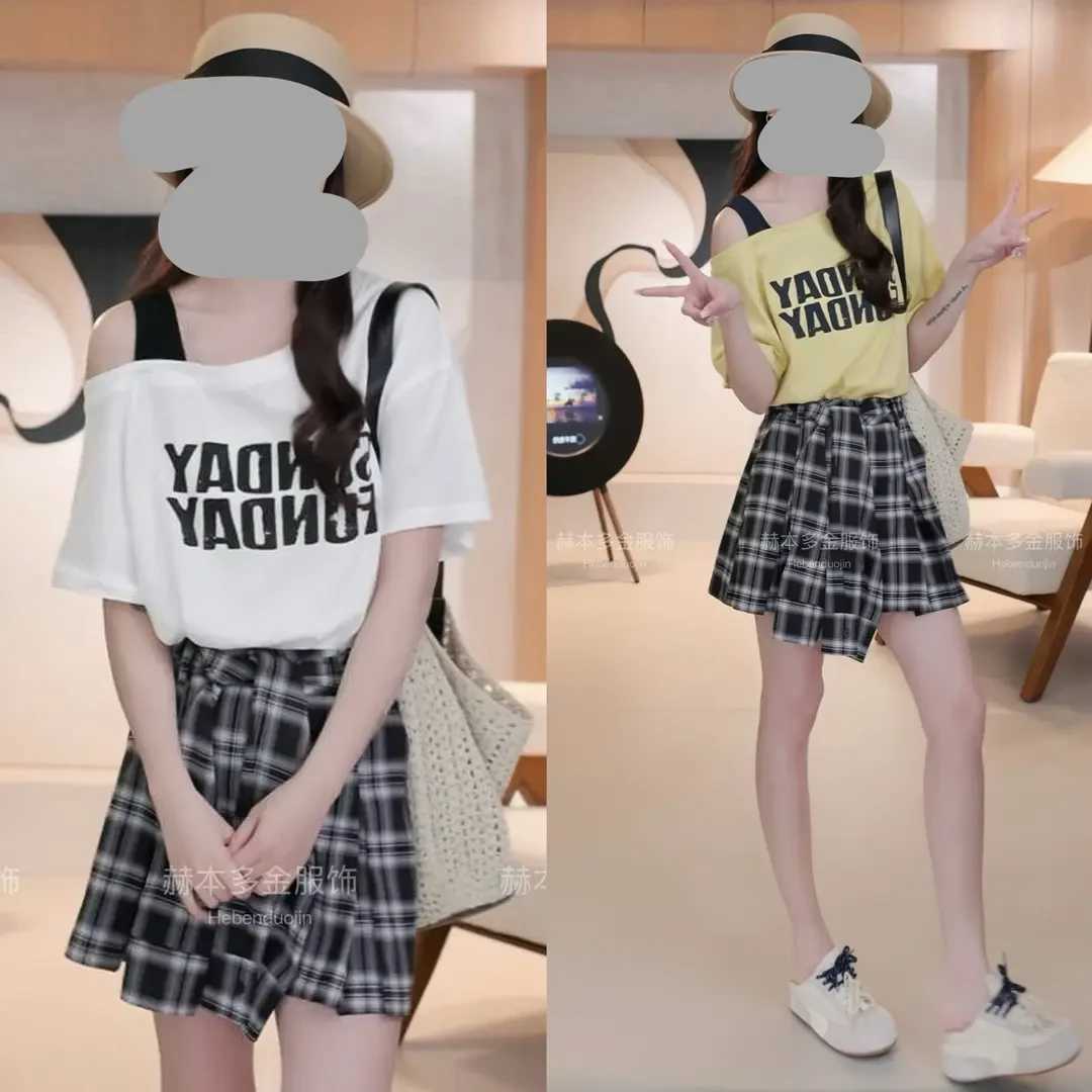 洋气衣服女夏季韩版露肩字母印花短袖显瘦百搭格子半身裙套装女