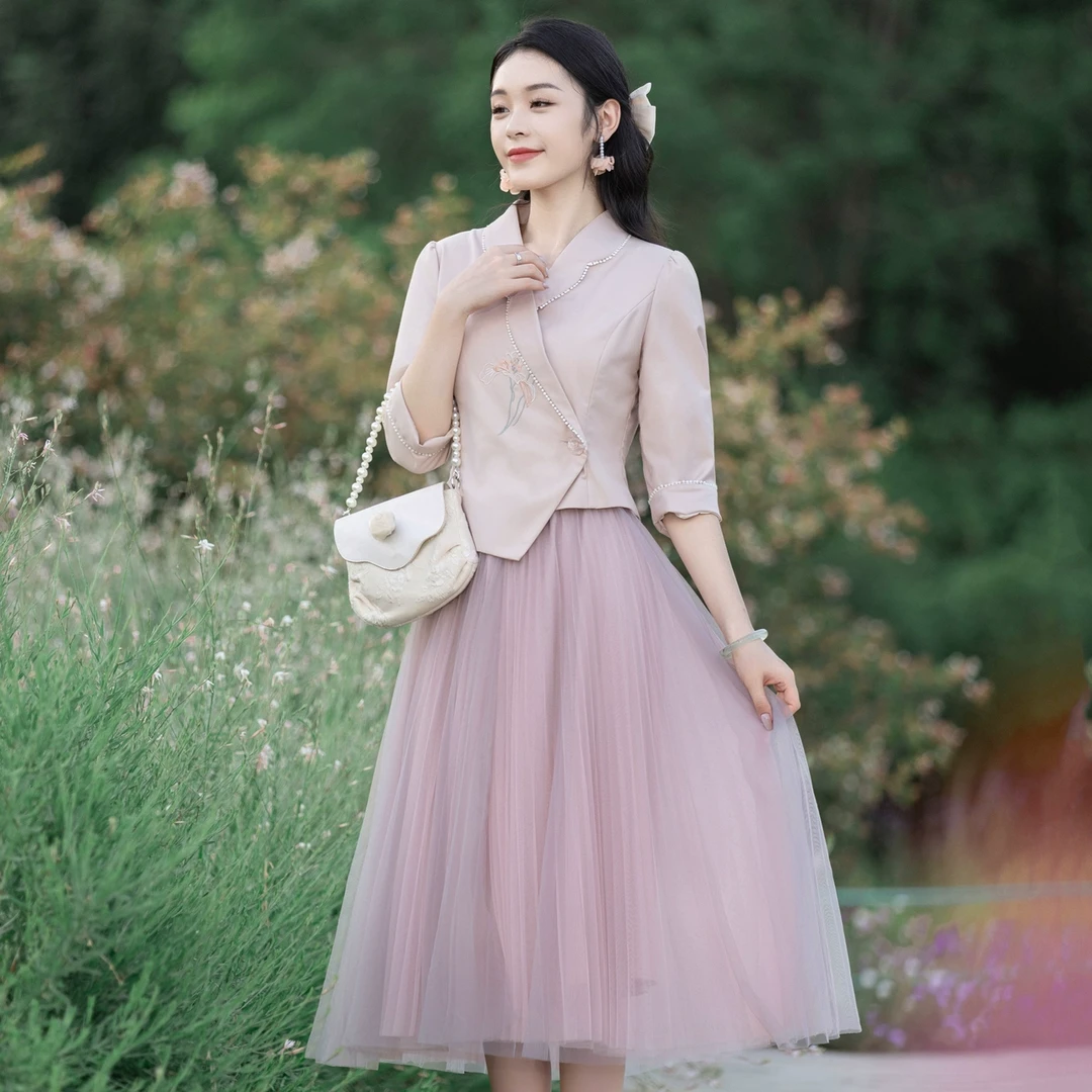 烟花烫气质显瘦套装女 春季新款2025粉色西装外套半身裙 锦焯焯锦