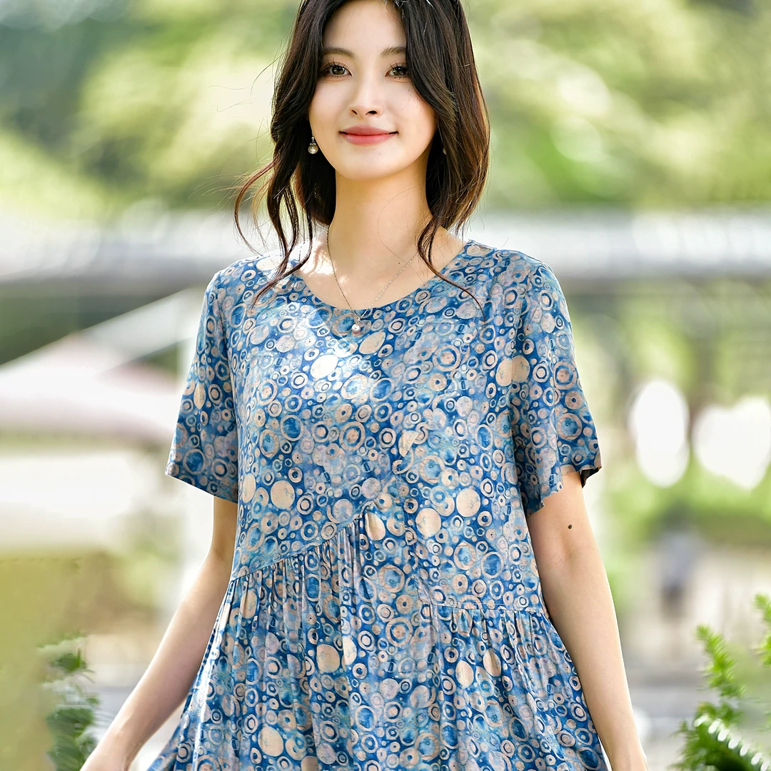 2025夏季新款棉绸连衣裙女中长款宽松大码时尚外穿人造棉绵绸裙子