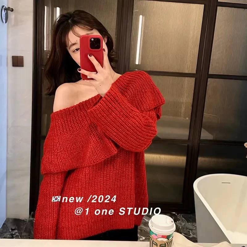 纯欲慵懒风一字肩荷叶边绑带露背针织衫女秋冬韩版中长款宽松毛衣