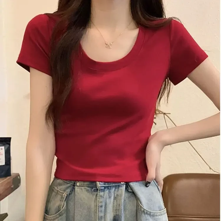 圆领正肩短袖T恤女夏季新款修身U领高腰短款纯欲辣妹洋气百搭上衣