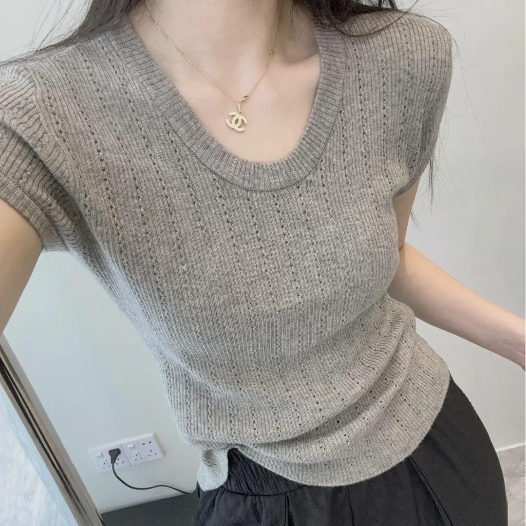 小香风U领镂空针织衫短袖t恤女2025夏季新款显瘦气质百搭短款上衣