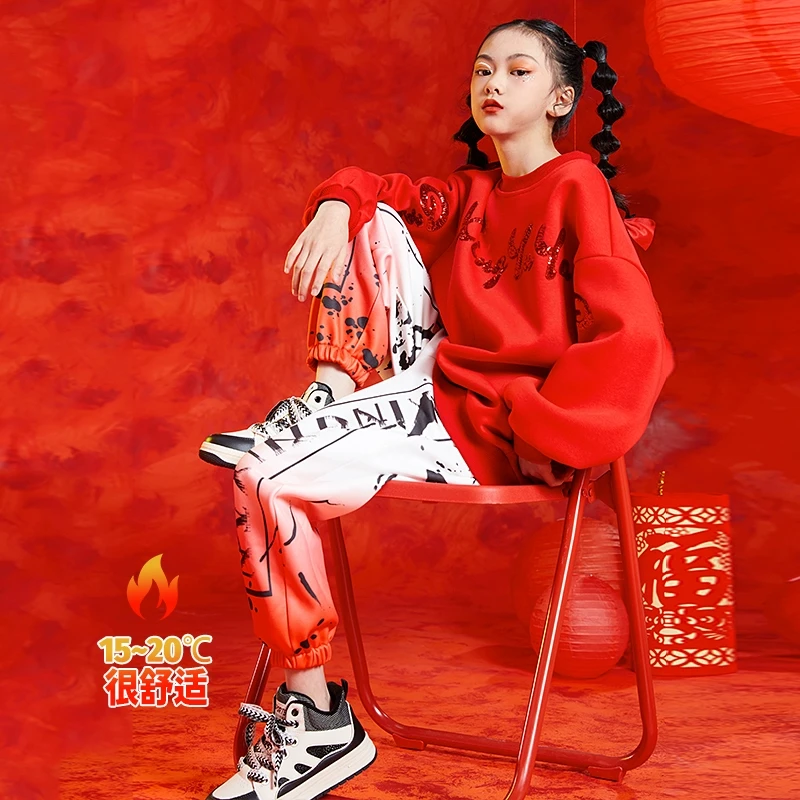 雨星雨嫣女童卫衣加绒2025冬新款中大童洋气红色本命年新年过年服