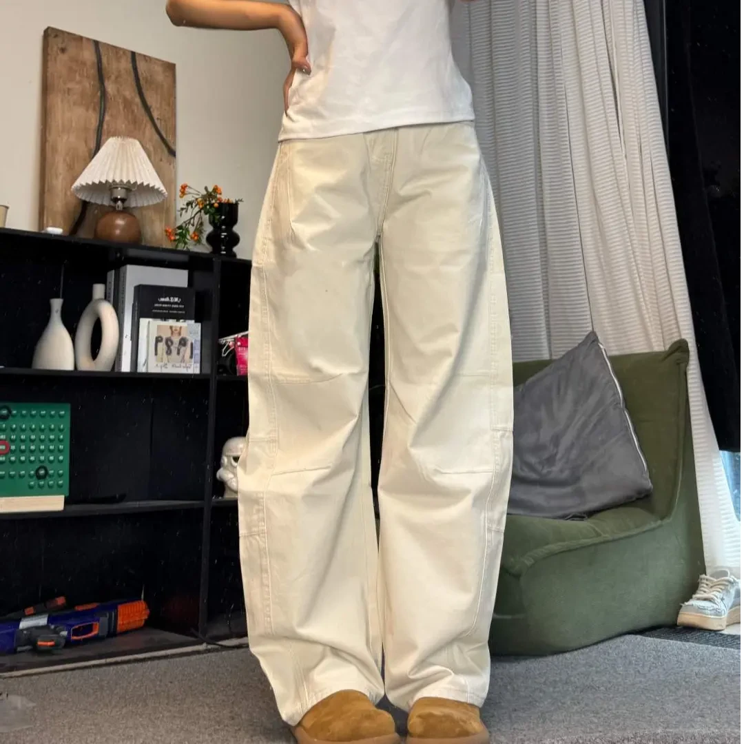 春夏美式复古洗褪baggy阔腿工装裤男女宽松直筒弯刀裤拖地长裤子