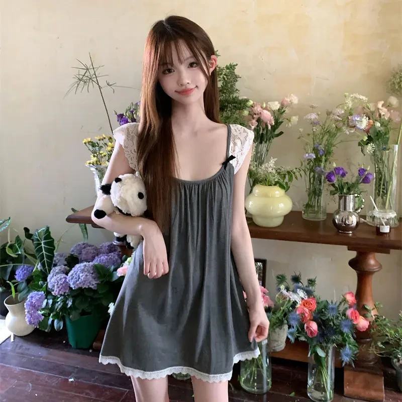 带胸垫冰丝吊带睡裙女夏季薄款甜美纯欲风少女蕾丝花边家居服睡衣