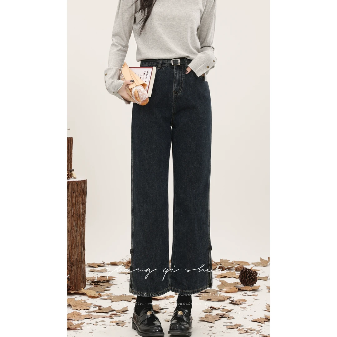 【ZBT直播间】蓝色百搭牛仔裤小个子高腰直筒显瘦开叉九分裤Z13923