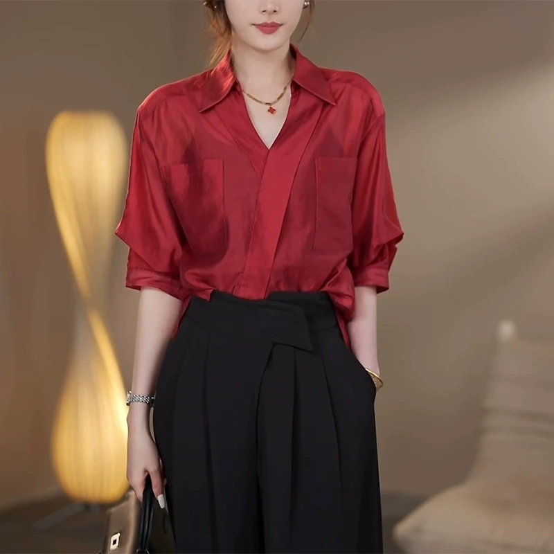 高级红色短袖衬衫女2025秋季新款洋气时髦醋酸衬衣时尚缎面上衣v