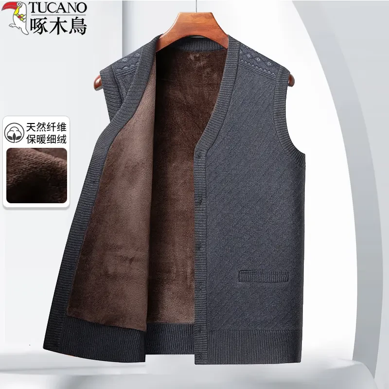 啄木鸟老年人男士加绒马甲爷爷装针织背心羊羔绒爸爸加厚马开衫