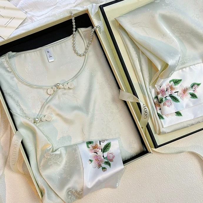 国风睡衣时尚女春秋薄短款新中式冰丝印花嬛嬛爆款家居服套装夏季