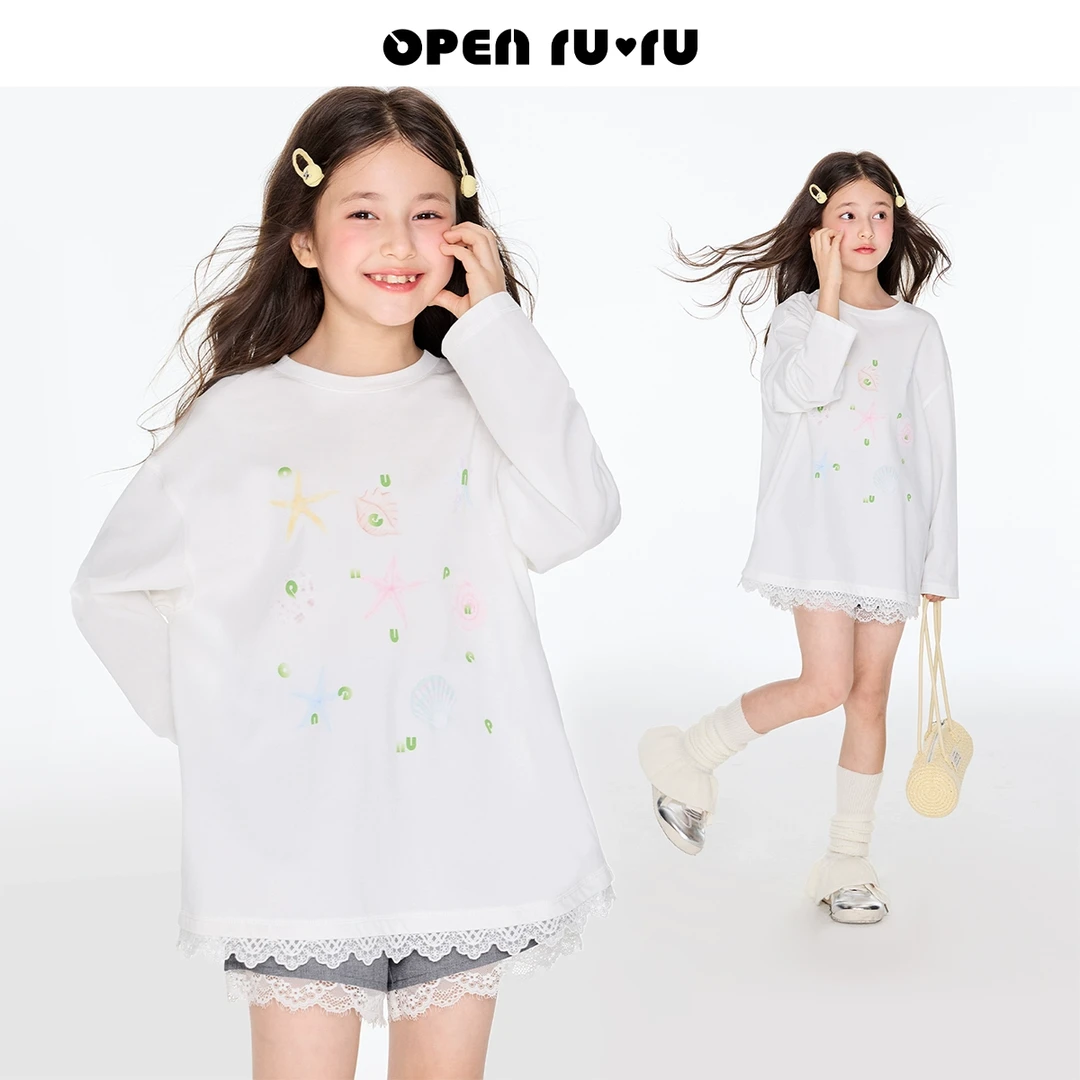 opennunu女童白色蕾丝花边长袖T恤2025春季中大童设计感圆领上衣