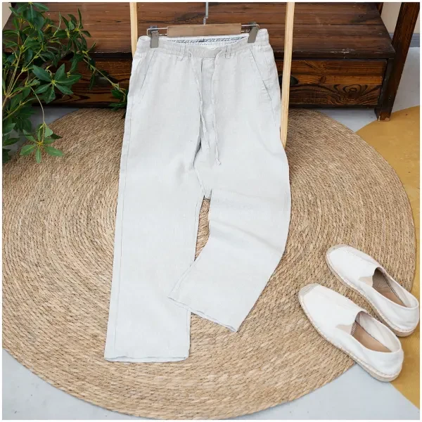 纯亚麻男士夏季薄款休闲裤垂感直筒宽松百搭男裤国风松紧腰长裤子
