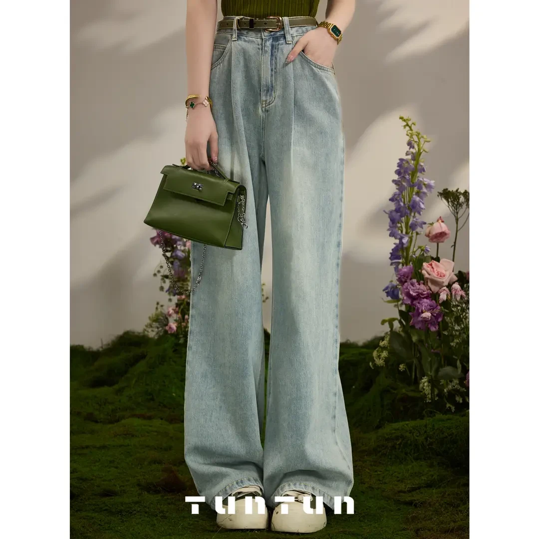 【褪色唱片】挺括修腿 复古水洗高腰直筒牛仔裤