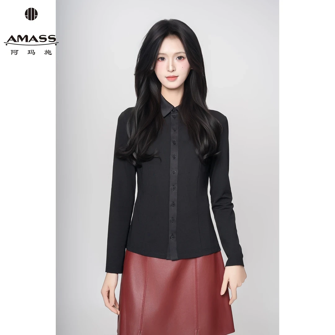 AMASS/阿玛施经典简约纯色领口门襟拼接面料修身长袖衬衫-530128