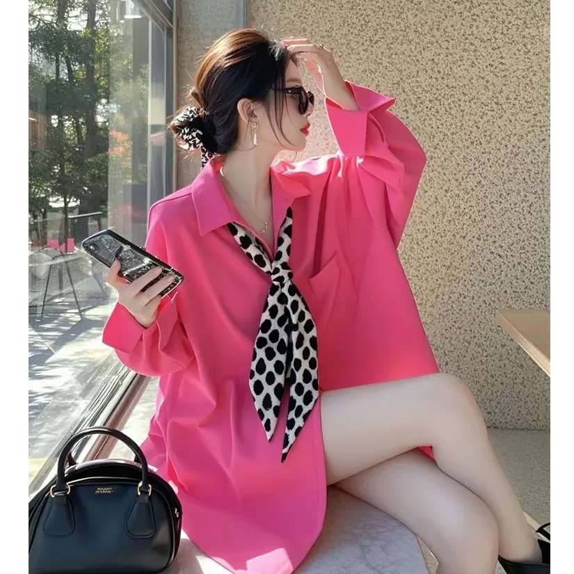 4162小衫独特超好看洋气时髦设计感玫粉色领结长袖衬衫女春