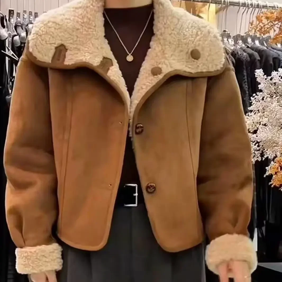 羊羔毛翻领短外套女秋冬两面穿加厚保暖宽松显瘦毛毛上衣时尚短款