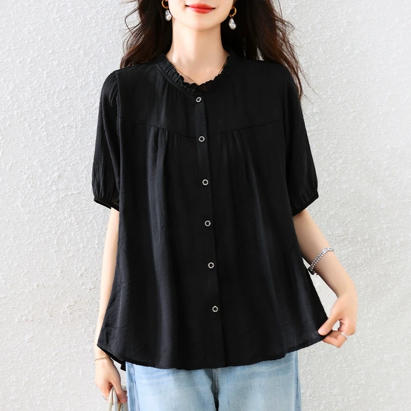 2025新款黑色短袖衬衫女夏季宽松显瘦洋气减龄遮肚木耳边休闲上衣