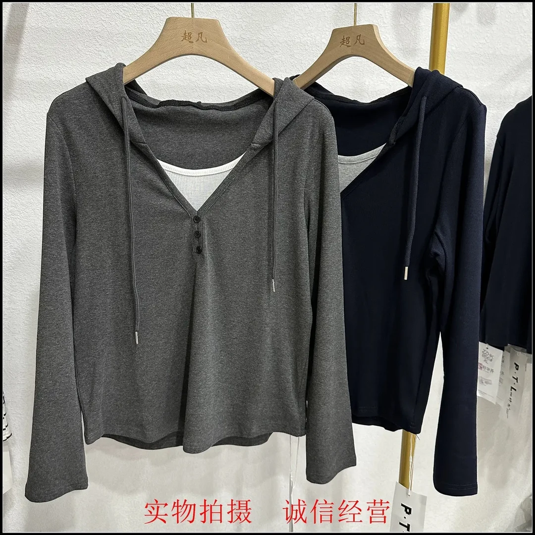 C98088休闲纯色腰侧褶皱长袖T恤显瘦时尚连帽长袖百搭女