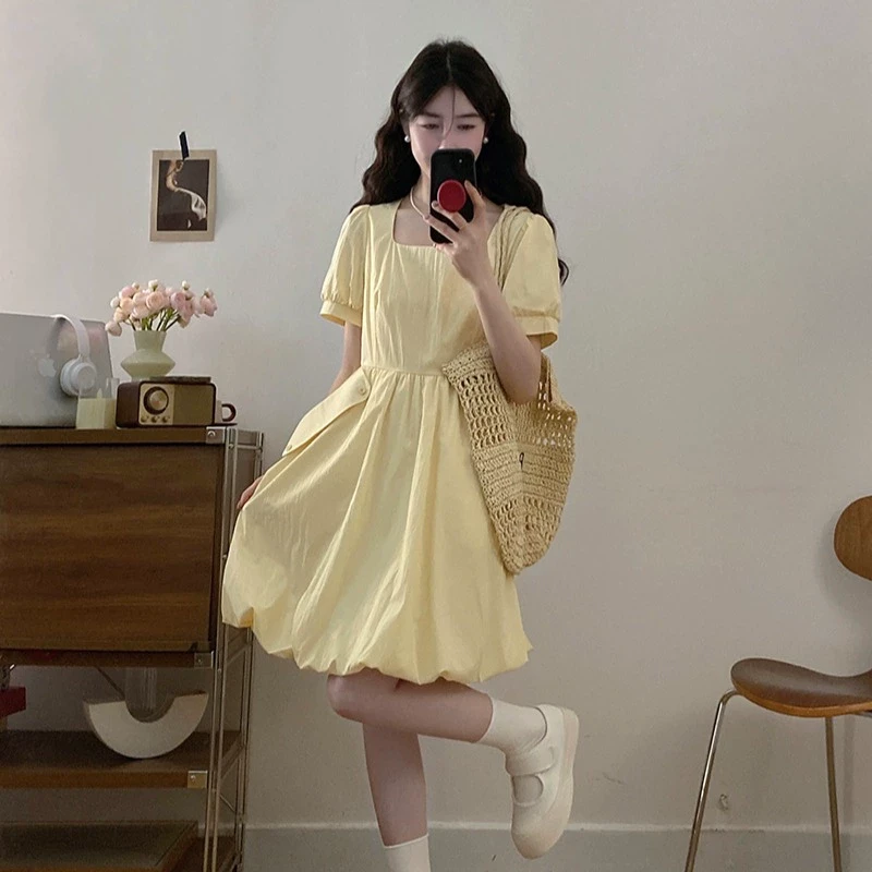 甜美方领收腰花苞连衣裙女夏季大码胖妹妹韩系减龄洋气显瘦蓬蓬裙