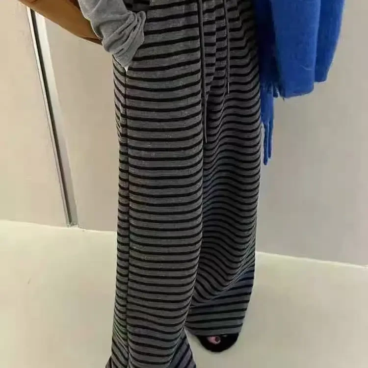 秋冬韩版女士高腰显瘦条纹阔腿裤慵懒风百搭抽绳休闲拖地长裤宽松