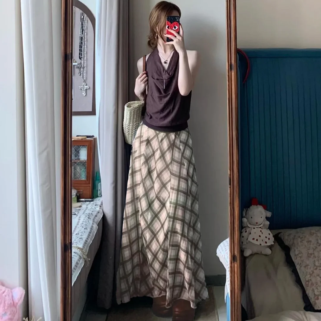 咖色格子半身长裙女夏薄2025新款高腰显瘦a字复古慵懒冰丝网纱裙