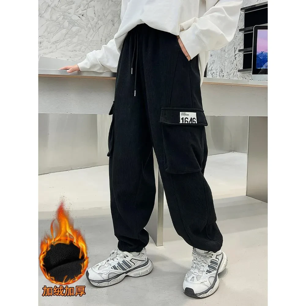 胖女童加绒运动裤儿童秋冬加肥加大码宽松一体绒束脚卫裤工装裤子