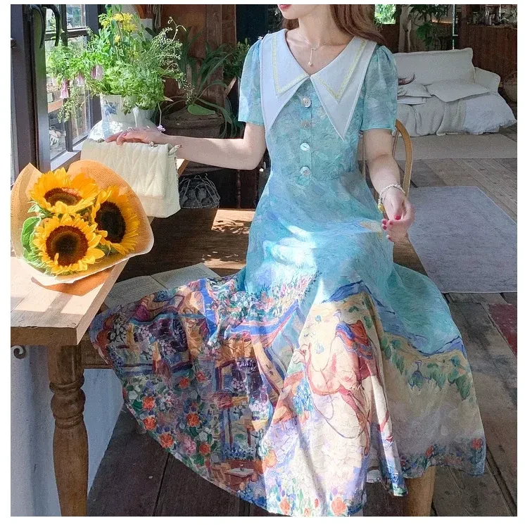 【西域花园】大翻领油画印花收腰显瘦大摆裙连衣裙夏长裙.J1432