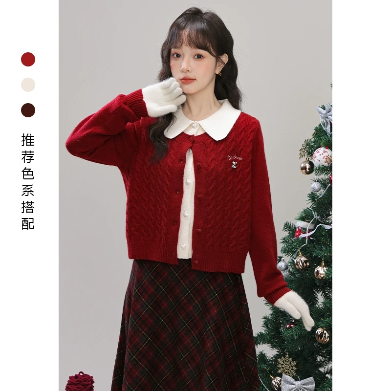 简温2024冬季新款红色圣诞假两件毛衣女新年短款针织开衫外套厚