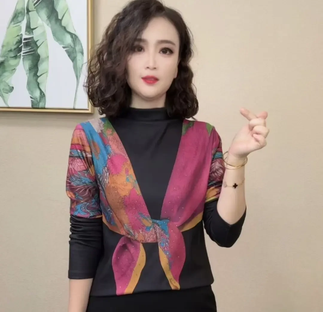 2025秋季女士拼色印花半高领洋气显瘦气质长袖修身打底衫#162