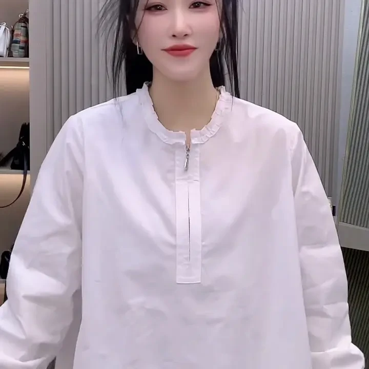 白色半拉链长袖衬衫宽松显瘦百搭时尚设计感小众韩版木耳边衬衣