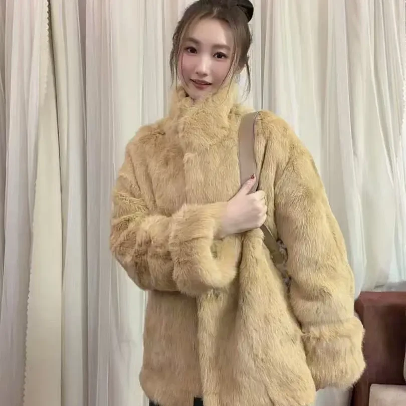 冬季加厚立领短款安哥拉长毛兔毛皮草外套女老钱风轻奢