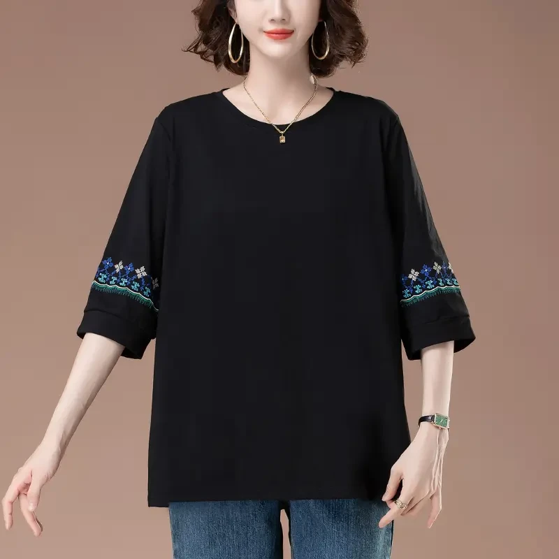 七分袖t恤女夏季纯棉宽松加肥加大码女装中年妈妈显瘦中袖打底衫