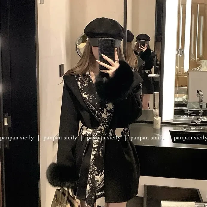 大长款迷雾丛林花色水墨印花袖口双面女大衣