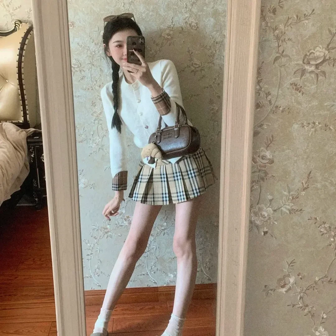 韩版纯欲辣妹风修身显瘦长袖上衣气质百搭格纹半身裙高腰新款女春