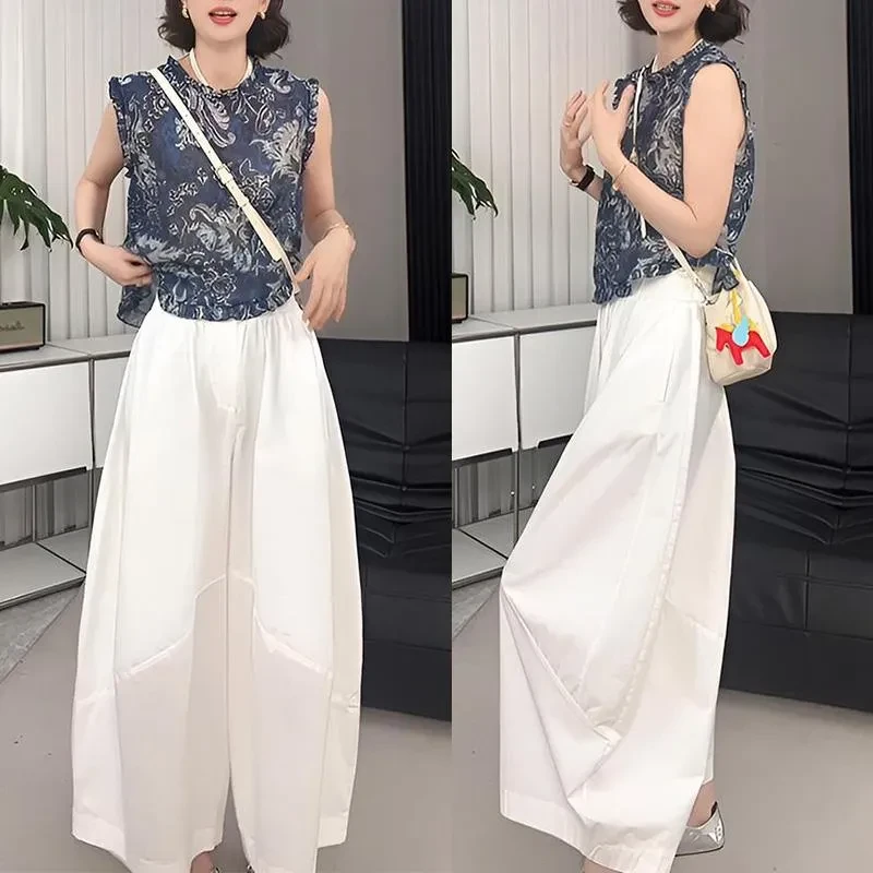 高级小众不撞款套装女2025夏季新款花色无袖衬衫上衣气球裤两件套