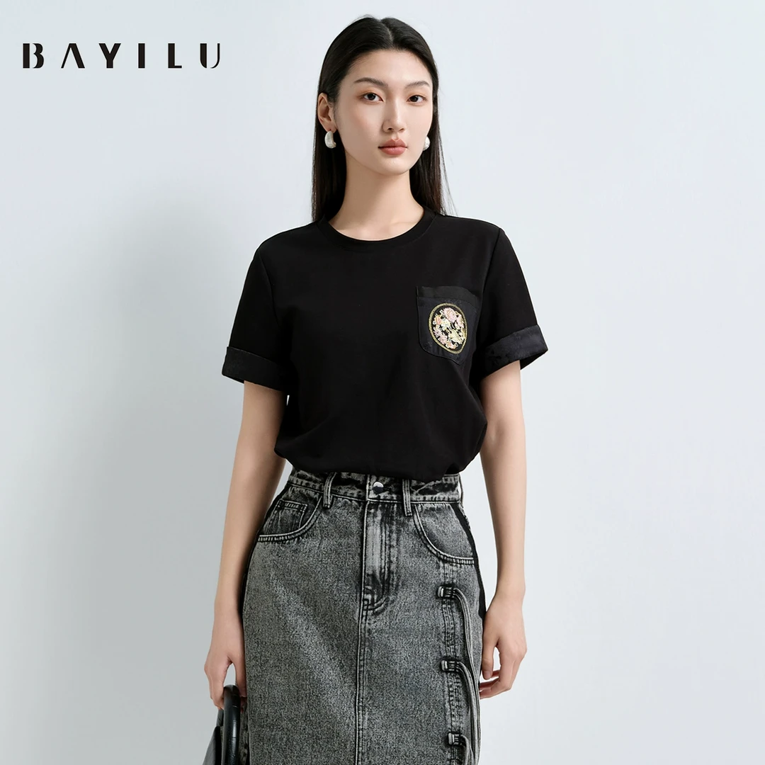 【丽姐】芭依璐2025春季T恤女短袖套头百搭刺绣上衣91T1103